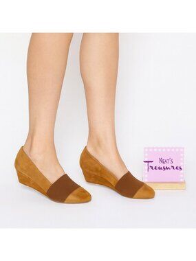 GC Shoes ELANOR Strecth Band Top Brown & Tan Slip On Wedge Heel Closed Toe Sz 8